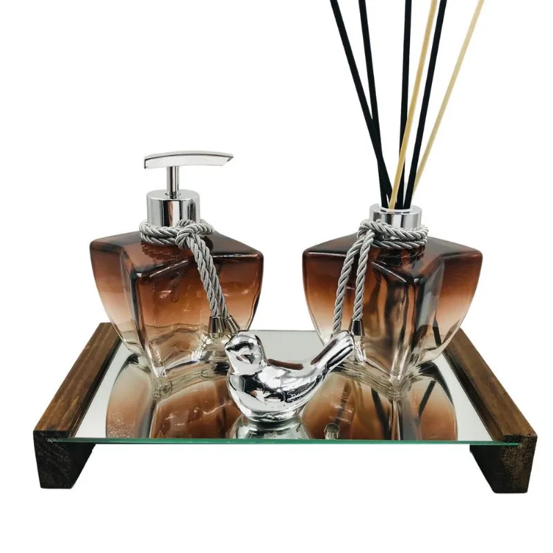 Kit Lavabo Luxo Estrela Marrom Deg Bandeja Espelho Rústic0