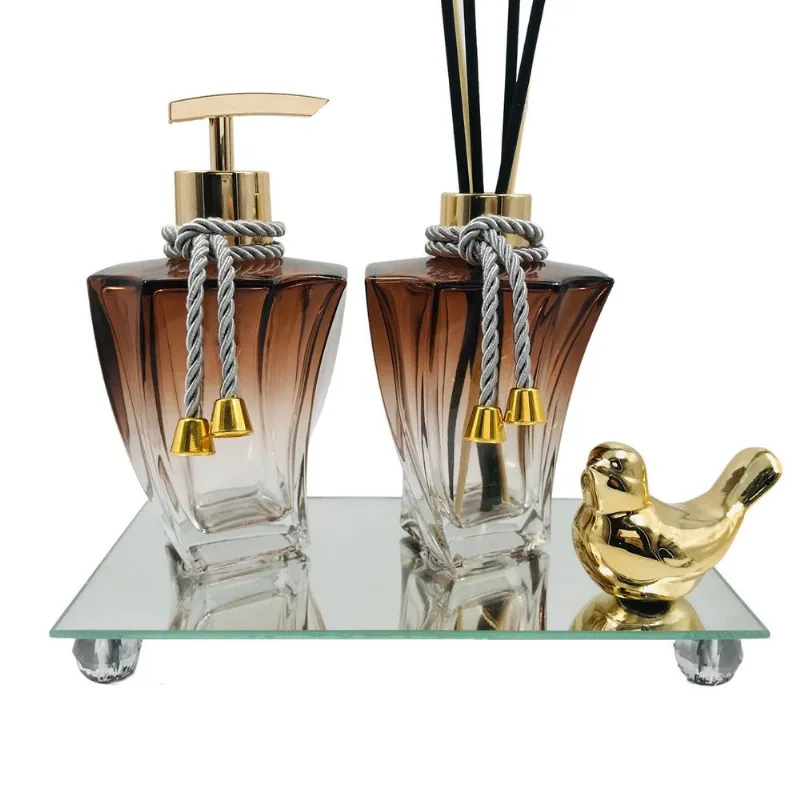 Kit Lavabo Marrom +Bandeja Espelhada + Enfeite Dourado
