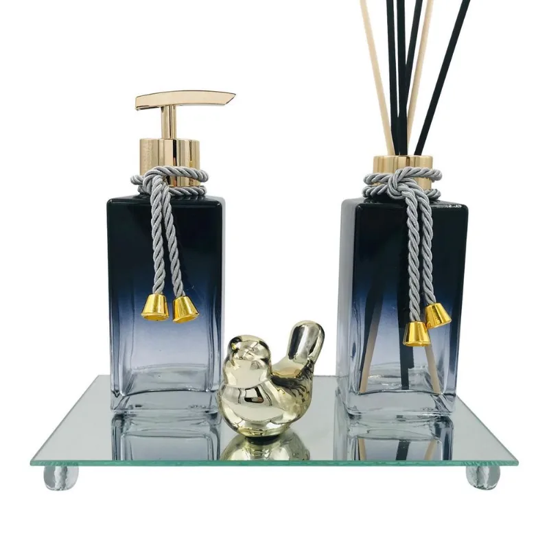 Kit Lavabo Banheiro Luxo Square 250Ml + Bandeja Cor Dourado