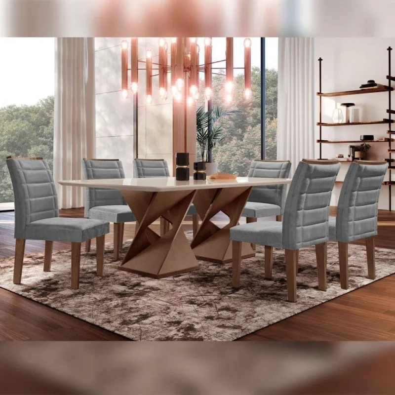 Conjunto Sala De Jantar Genova Tampo Vidro Com 6 Cadeiras Chocolate/off White/veludo Grafite - Cel Móveis - Móveis