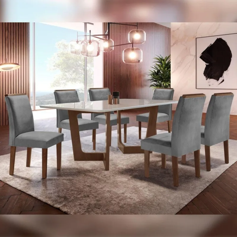 Conjunto Sala de Jantar Napoles 6 Lugares Tampo em Vidro com Cadeiras Veludo Grafite Cel Móveis - Cel Móveis - Móveis