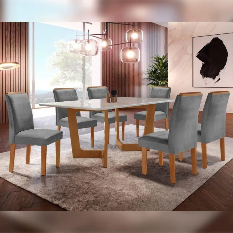 Conjunto Sala de Jantar Napoles 6 Lugares Tampo em Vidro com Cadeiras Veludo Grafite Cel Móveis - Cel Móveis - Móveis