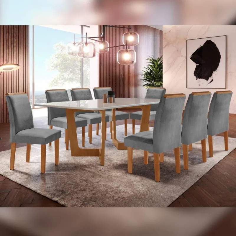 Conjunto Sala de Jantar Nápoles 8 Lugares Tampo em Vidro com Cadeiras Veludo Grafite Cel Móveis - Cel Móveis - Móveis