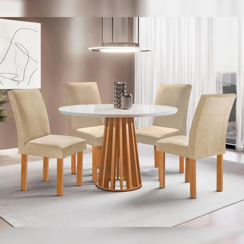 Conjunto Sala de Jantar Kansas 4 Lugares Tampo Vidro Cadeiras Suede Bege 100CM Cel Móveis - Cel Móveis - Móveis