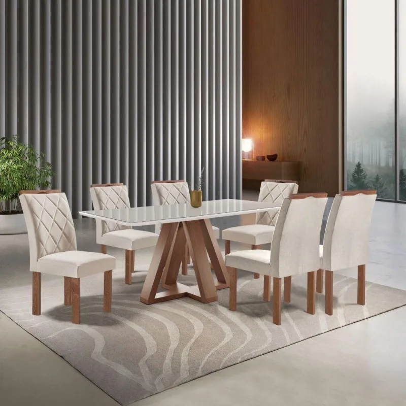Conjunto Sala de Jantar Kyra 6 Lugares Tampo Vidro Suede Bege 170CM Cel Móveis - Cel Móveis