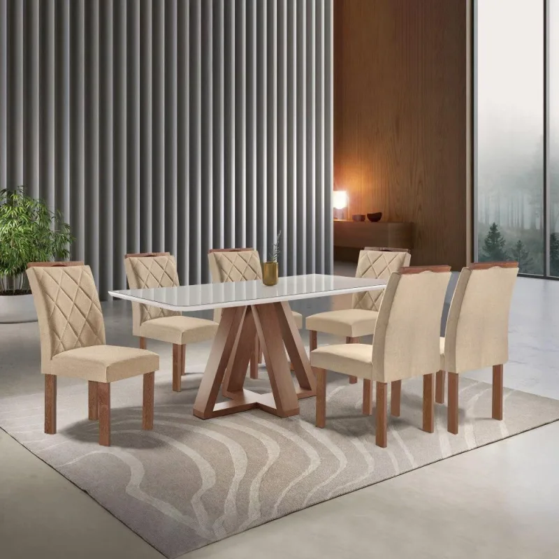 Conjunto Sala de Jantar Kyra 6 Cadeiras Tampo Vidro Suede Bege 170CM Cel Móveis - Cel Móveis