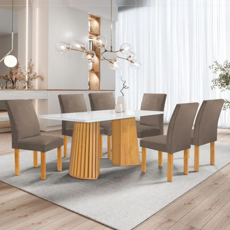 Conjunto Sala de Jantar Stella 6 Lugares Tampo em Vidro com Cadeiras em Veludo Bege Cel Móveis - Cel Móveis