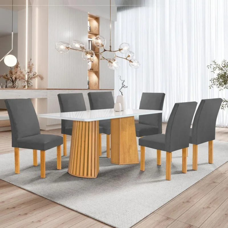 Conjunto Sala de Jantar Stella 6 Lugares Tampo em Vidro com Cadeiras Veludo Grafite Cel Móveis - Cel Móveis