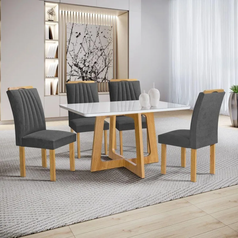 Conjunto Sala de Jantar Arizona 4 Lugares Tampo em Vidro com Cadeiras em Veludo Grafite Cel Móveis - Cel Móveis