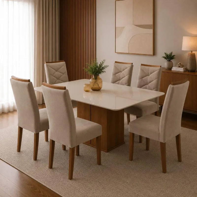 Conjunto 6 Cadeiras para Sala de Jantar Germany Estrutura em MDF Suede Bege Cel Móveis - Cel Móveis