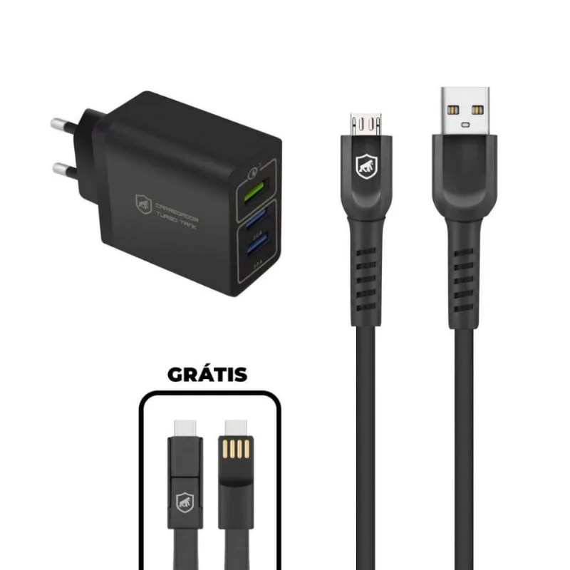 Kit Carregador Triplo Turbo + Cabo Dual Shock Micro USB V8 + Cabo 3 em 1 - Gshield