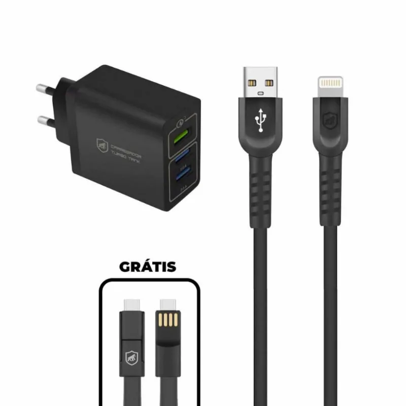 Kit Carregador Triplo Turbo + Cabo Dual Shock Lightning + Cabo 3 em 1 - Gshield