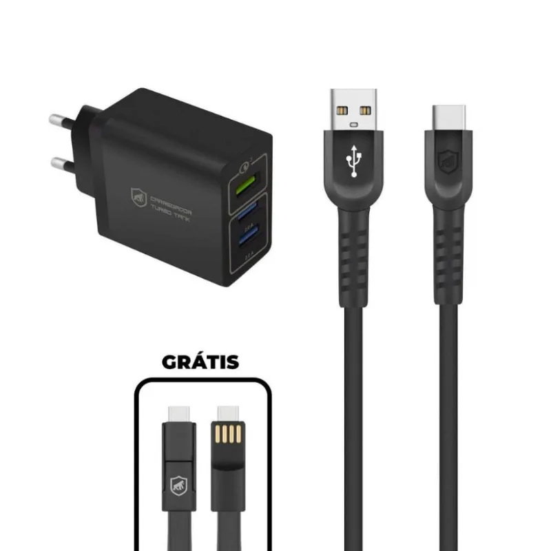 Kit Carregador Triplo Turbo + Cabo Dual Shock Tipo C + Cabo 3 em 1 - Gshield