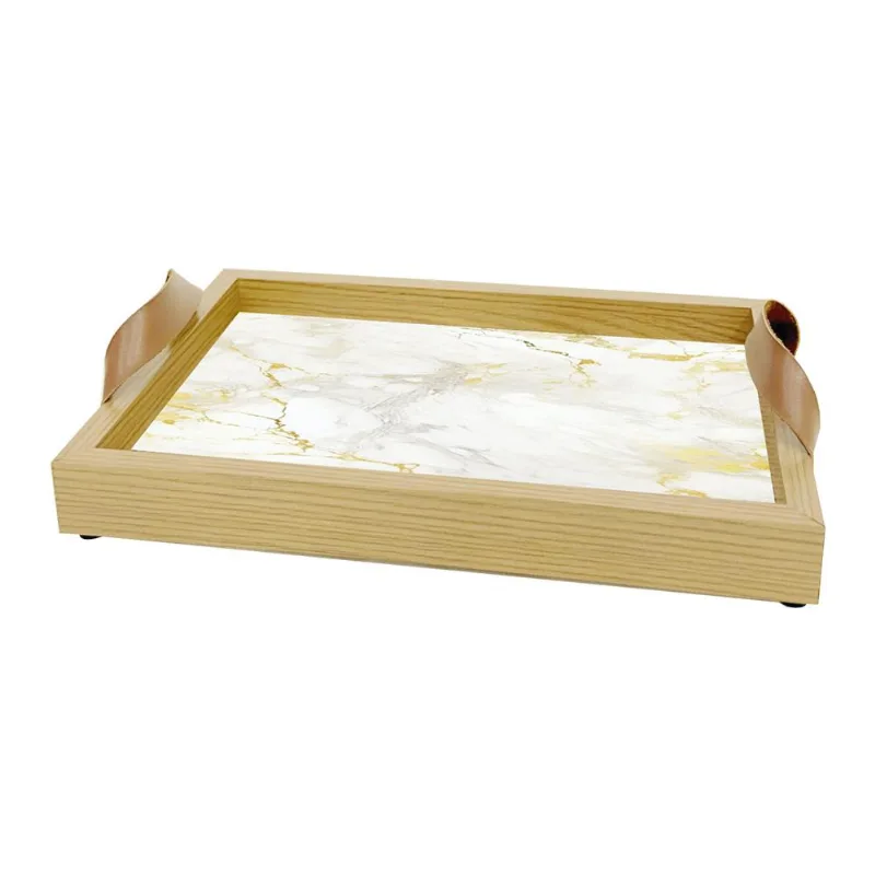 Bandeja Decorativa 20X30cm C/Vidro E Alça De Couro Marmore Art Frame