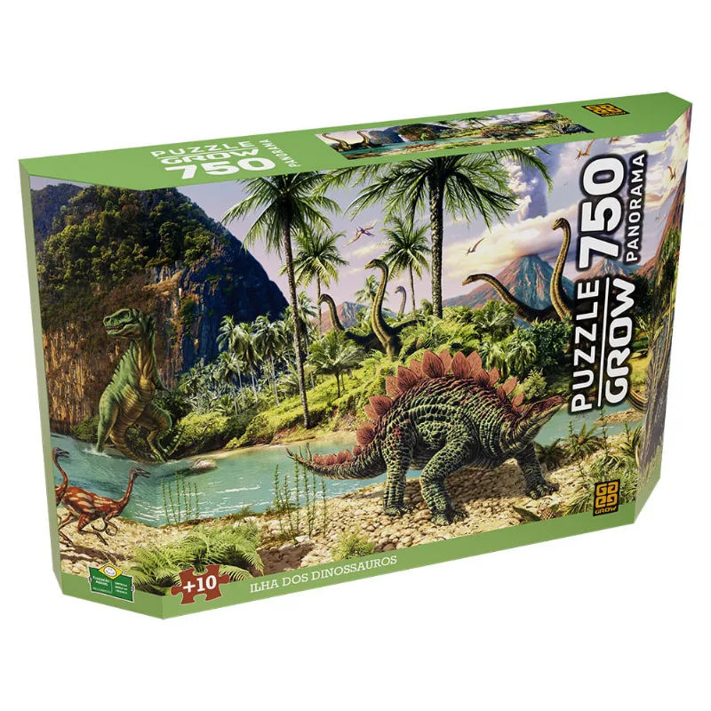 Quebra-Cabeça - Panorama - 750 Peças - Ilha dos Dinossauros - Grow