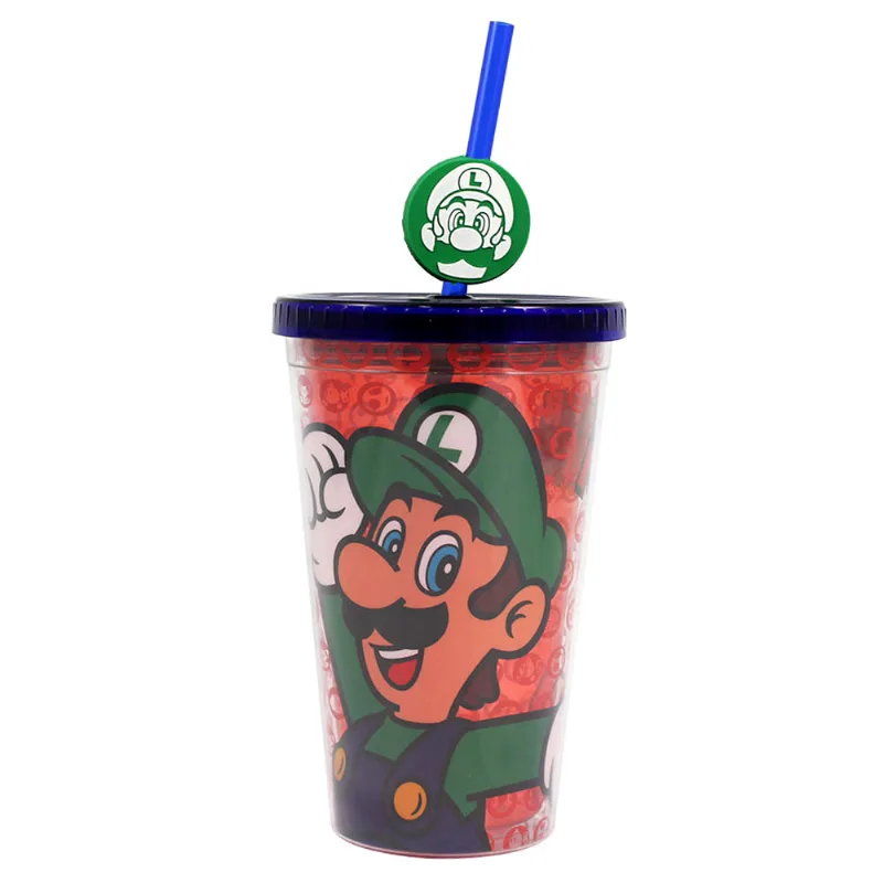 Copo com Canudo - 500Ml - Pingente Luigi - Super Mário Bros - Zona Criativa