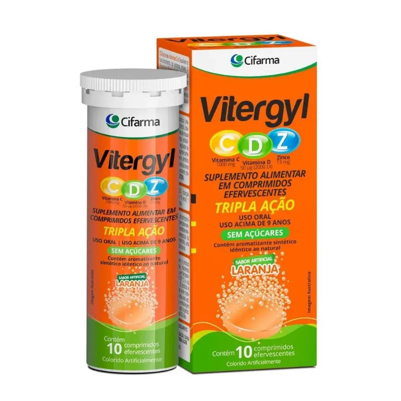 Vitergyl CDZ Tripla Ação Vitamina C 10 Comprimidos Efervescentes Sabor Laranja Cifarma