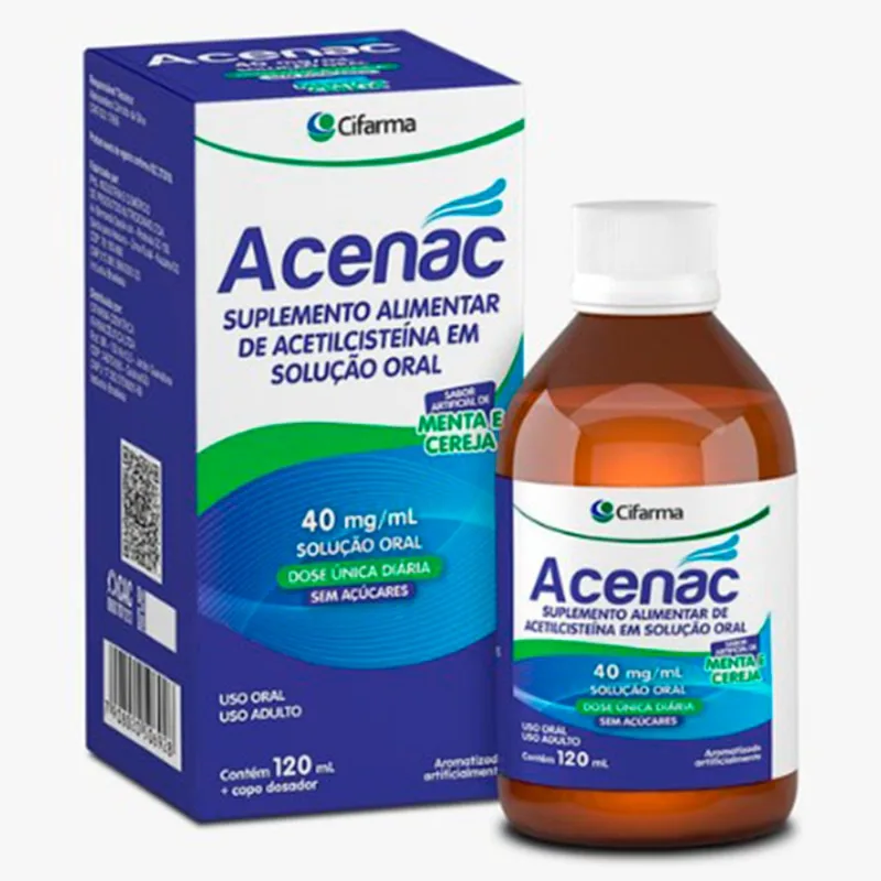 Acenac 40mg/ml 120ml Suplemento Alimentar de Acetilcisteína Solução Oral Sabor Menta e Cereja