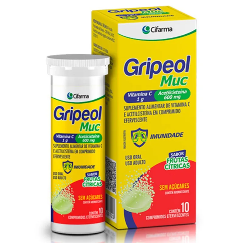 Gripeol Muc Vitamina C 1g + Acetilcisteína 600mg 10 Comprimidos Efervecentes Sabor Frutas Citricas Cifarma
