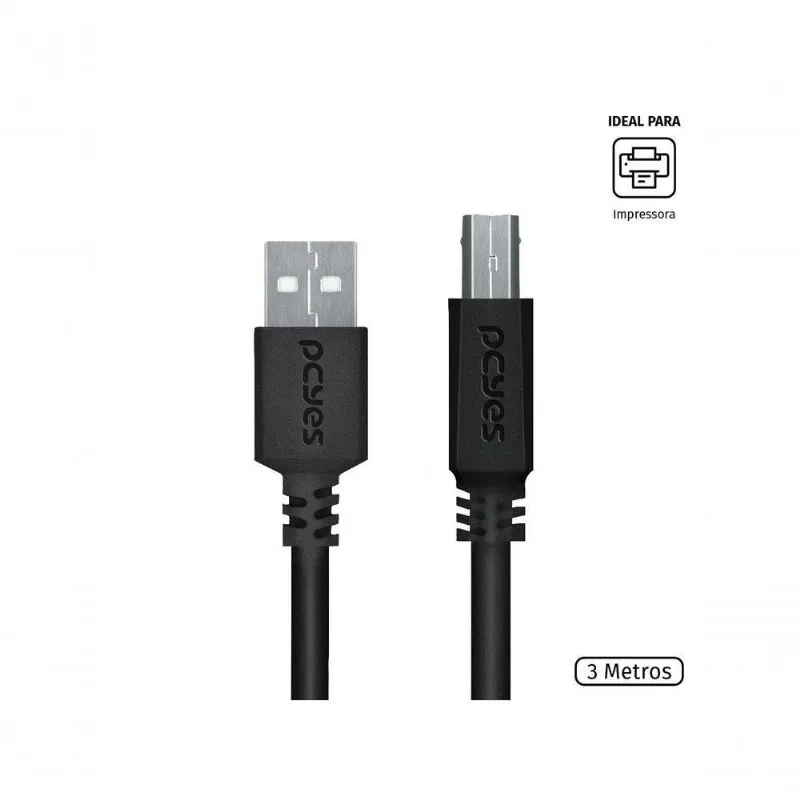 Cabo USB para Impressora PUABM2-3 USB a 2.0 para USB B 2.0 3M Cobre Puro Pcyes - PCYES - Informática