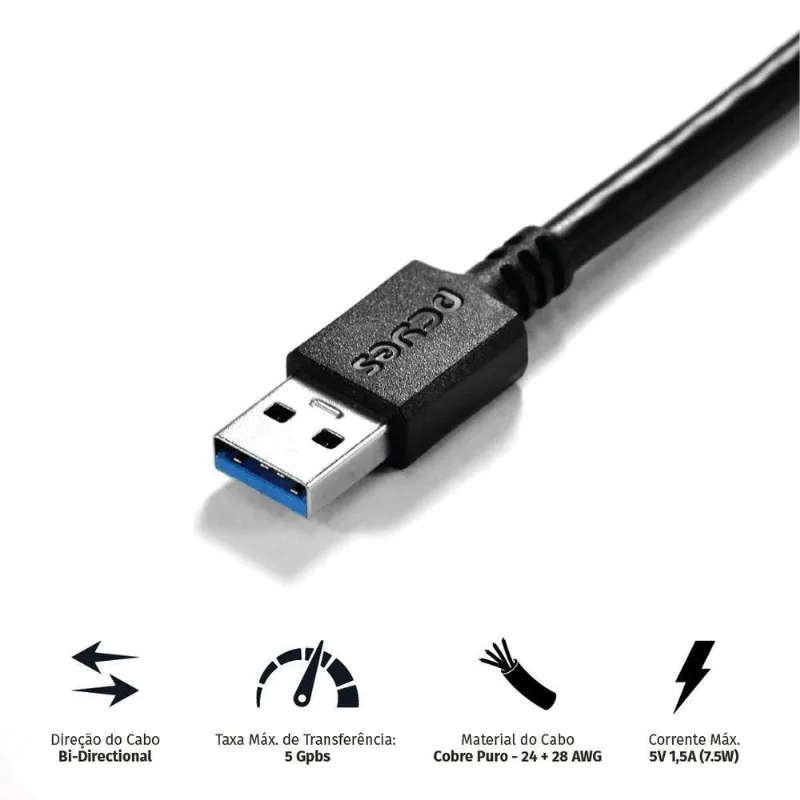 Cabo USB PUAMCM3-2 para HD Externo 2M USB a 3.0 para Micro USB B 3.0 Preto Pcyes - PCYES