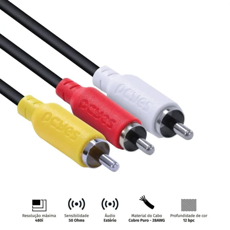 Cabo de Vídeo Pcyes P3R-2 para Tvs Dvds e Conversores Digitais 3 Rca Macho 2 Metros - PCYES - áudio