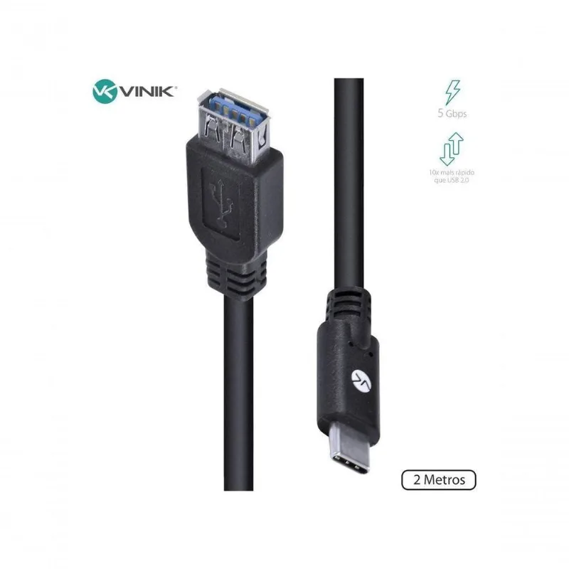 Cabo USB Tipo C C32UAF-2 3.2 GEN1 5GBPS 2 METROS Conexão Rápida Preto Vinik - VINIK - Informática