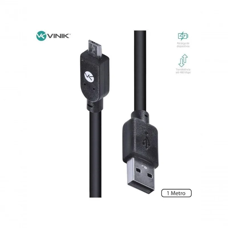Cabo USB X Micro USB MUSB-1 1M USB 2.0 Até 480 MBPS Conectores Reforçados Preto Vinik