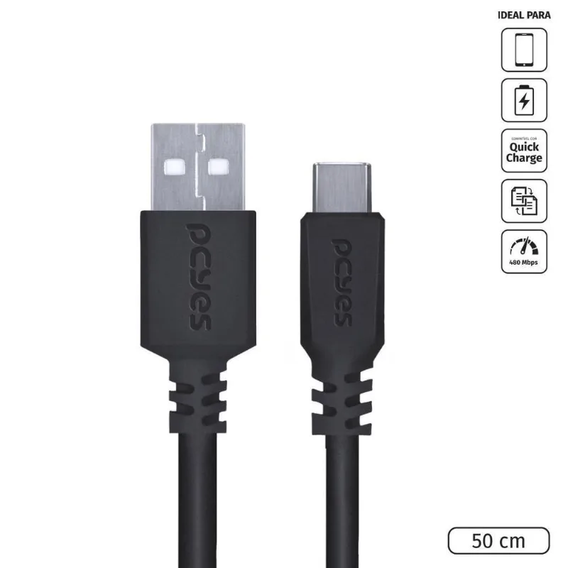 Cabo USB a 2.0 para USB Tipo C Pcyes PUACP-05 para Celular 50cm Preto - pcyes - áudio