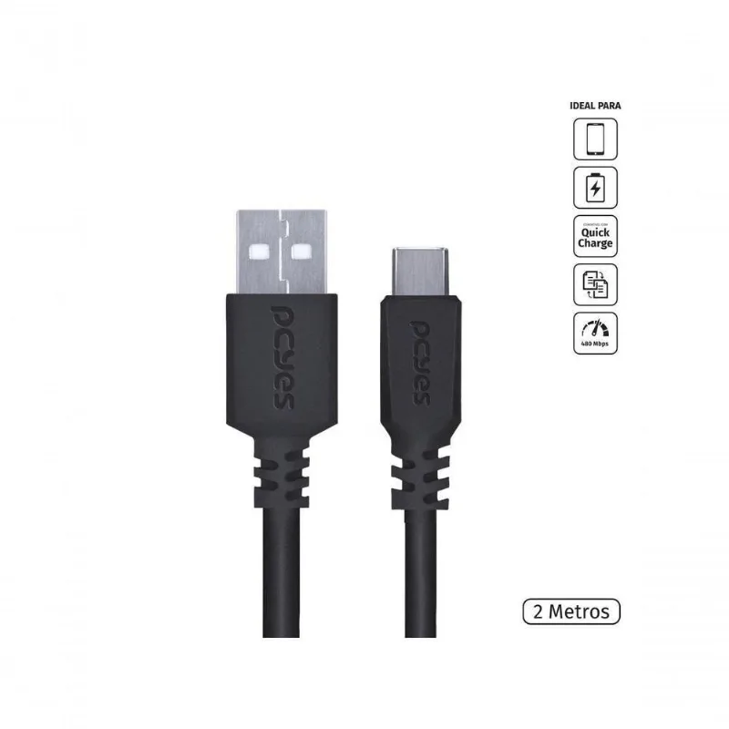 Cabo USB a para USB Tipo C Pcyes para Celular USB 2.0 5V 3A 480MBPS Preto 2M - pcyes - Agro