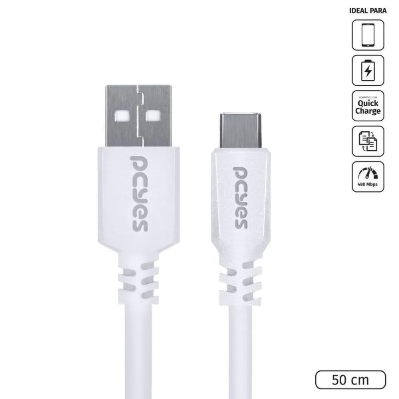 Cabo USB Pcyes Cabo Celular Usb a 2.0 Usb Tipo C 50cm Branco para Carga e Dados 480MBPS 5V 3A 0,5M