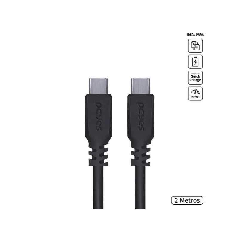 Cabo USB Tipo C Pcyes PUCP-02 para Celular 2.0 Bi-Direcional 480 MBPS 5V 3A 15W Preto 2 METROS - pcyes - Agro