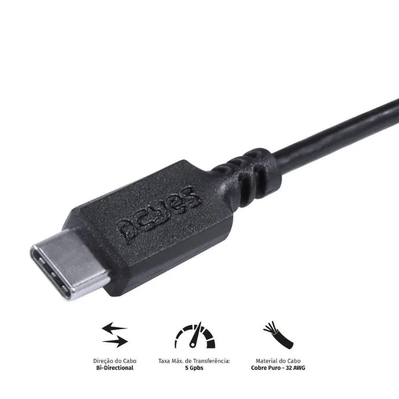 Cabo USB Tipo C para Mini USB B 2.0 1M Alta Taxa de Dados 480 MBPS Preto Pcyes