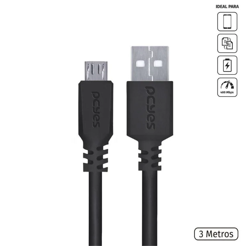 Cabo de Dados Pcyes Pmuap-3 para Carregamento 5V 3A 480 Mbps Cobre Preto 1 Unidade - pcyes - áudio