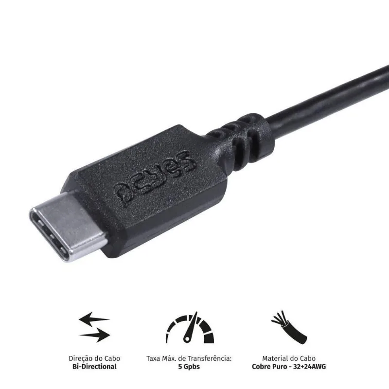 Cabo USB Tipo C para USB B 3.0 P3UCBP-1 5 Gbps 1 Metro 5V 3A Preto Pcyes