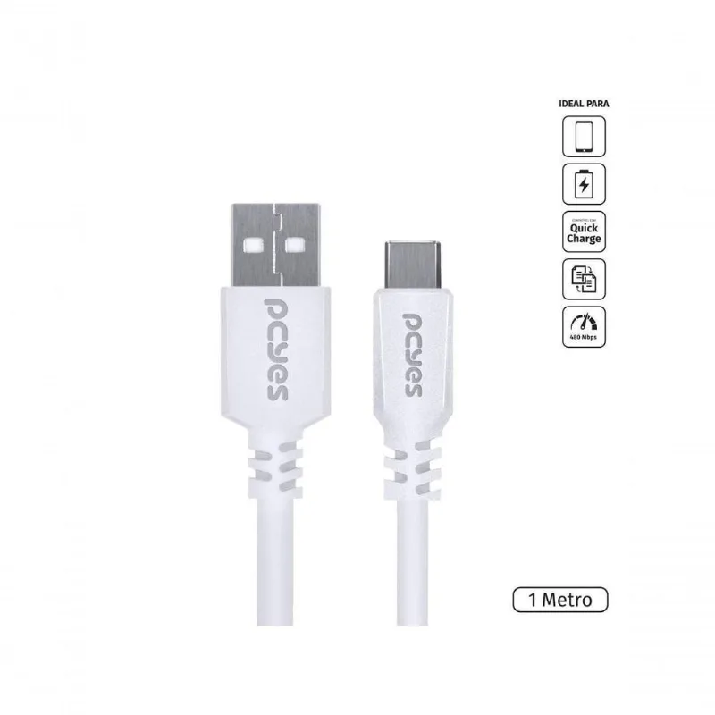 Cabo USB Pcyes PUACB-01 para Celular USB a 2.0 para USB Tipo C 480MBPS Branco 1 METRO