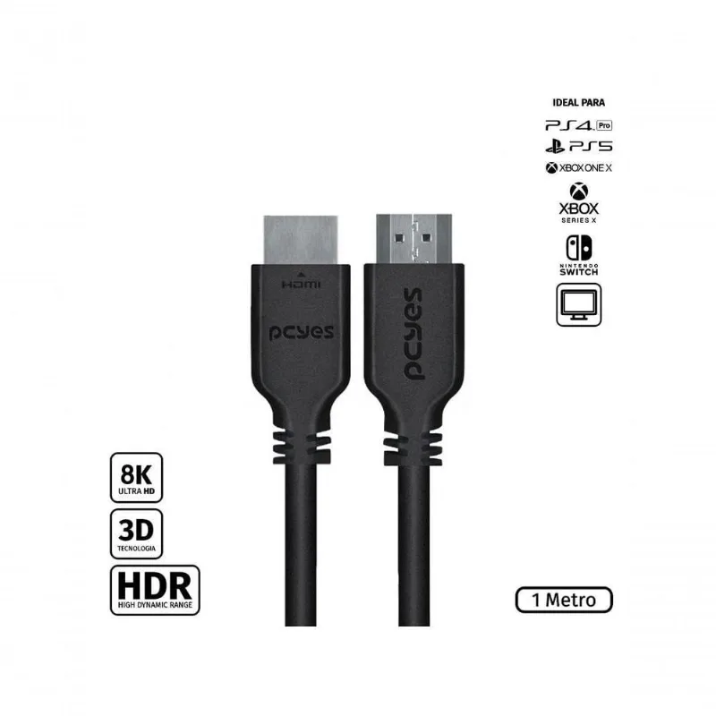 Cabo HDMI 2.1 PHM21-1 1m 8K 30Hz 4K 60Hz Cobre Puro com Ethernet e HDR Dinâmico Pcyes