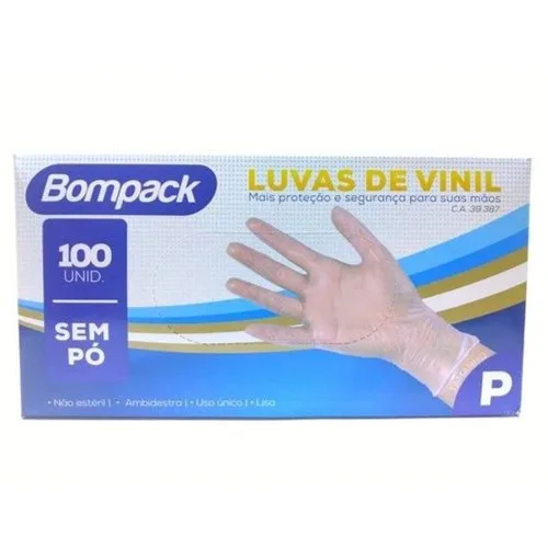 LUVA DE VINIL BOMPACK SEM PÓ TAMANHO P 100 UNIDADES - TREVISAN - Luva De Procedimento