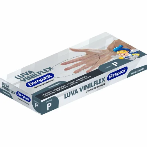 LUVA DESCARTÁVEL VINILFLEX BOMPACK COM 100 TRANSPARENTE P - BOMPACK