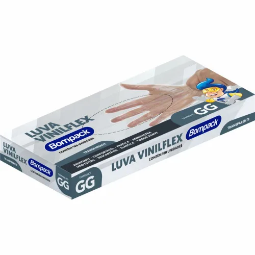 LUVA DESCARTÁVEL VINILFLEX BOMPACK COM 100 TRANSPARENTE GG - BOMPACK