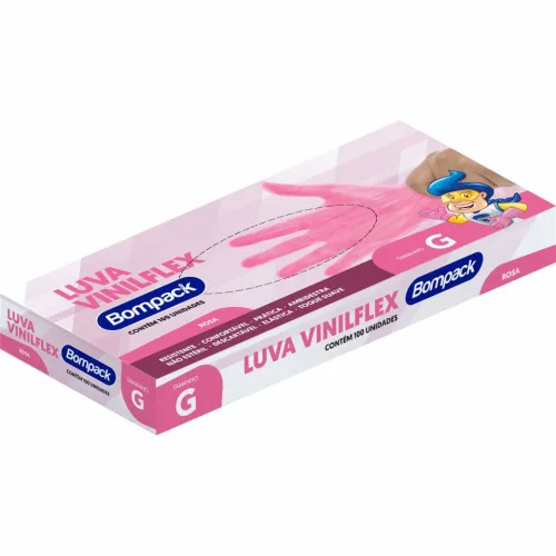 LUVA DESCARTÁVEL VINILFLEX BOMPACK COM 100 ROSA G - BOMPACK