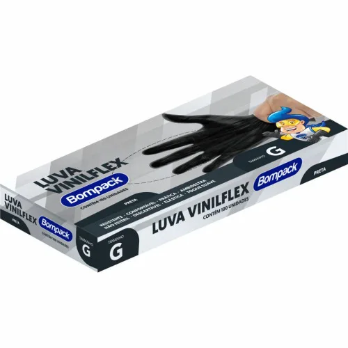 LUVA DESCARTÁVEL VINILFLEX BOMPACK COM 100 PRETA G - BOMPACK