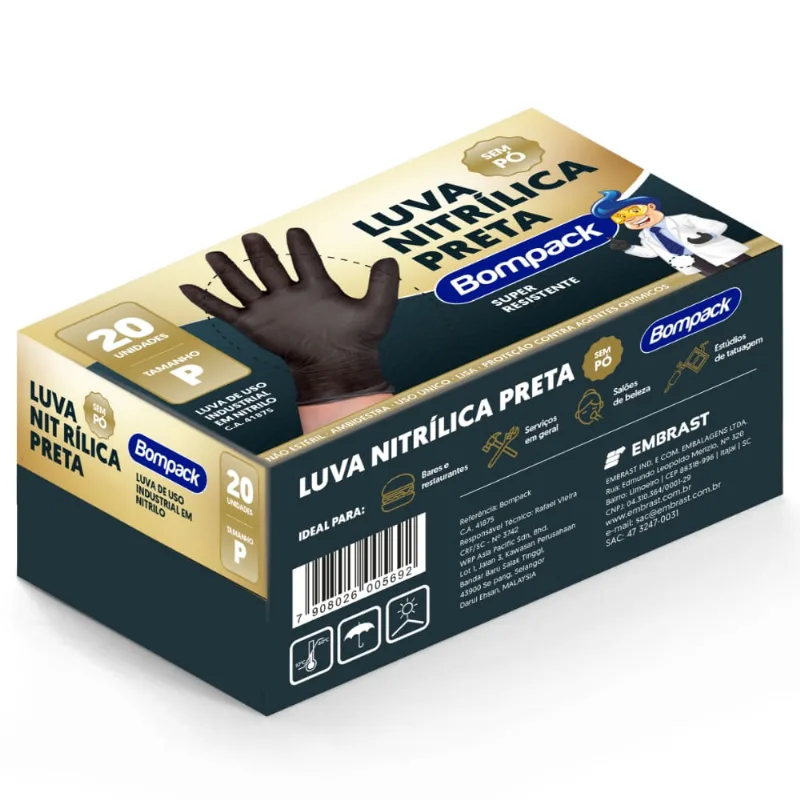Luva Nitrilica Bompack Preta P
