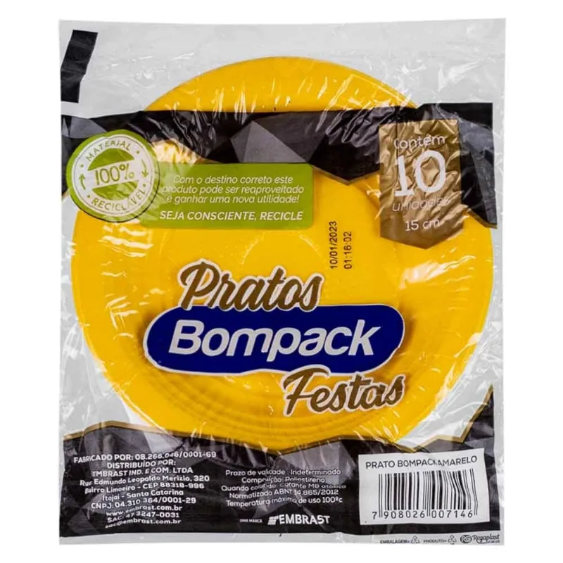 Prato Descartável Bompack Amarelo 15cm Com 10 Unidades