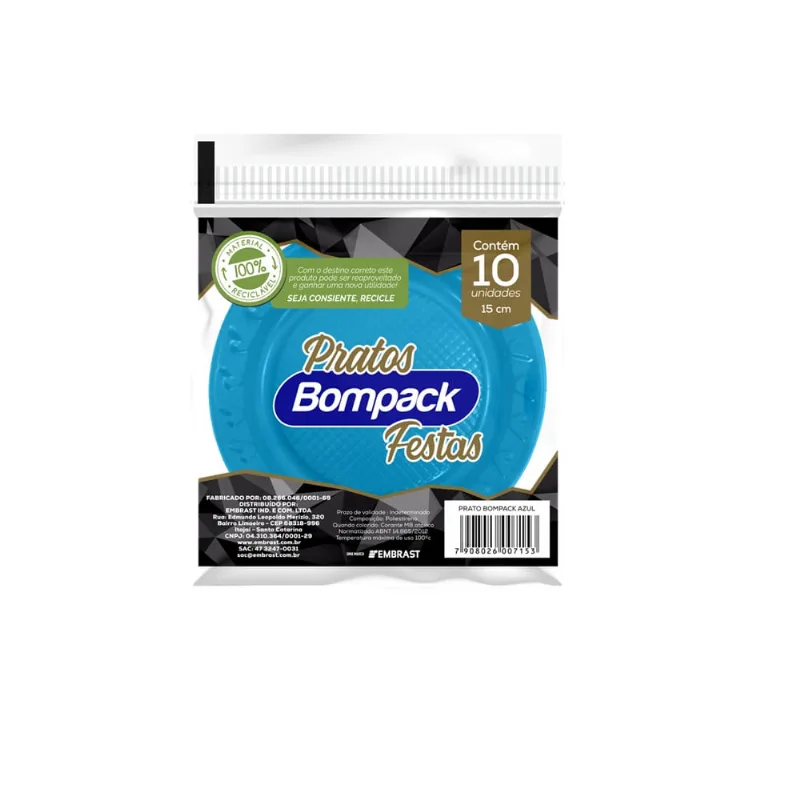 Prato descartável Bompack Festa Azul 15cm com 10 unidades