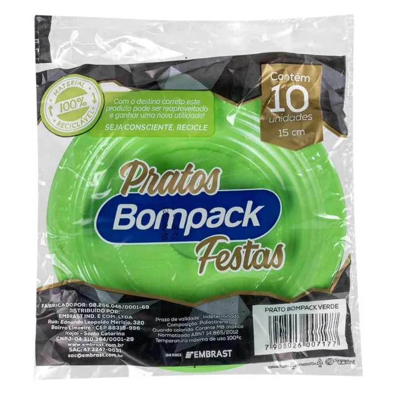Prato Descartável Bopack Verde 15cm Com 10 Unidades
