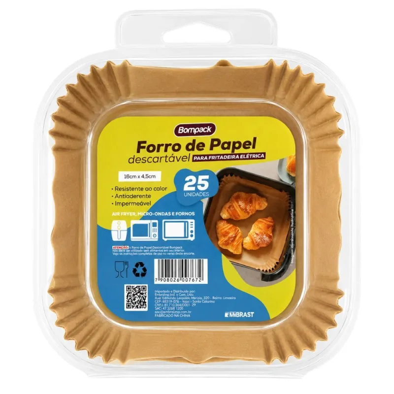 Forro de Papel Descartável Quadrado para AirFryer Antiaderente Bompack 25 Unidades - BOMPACK