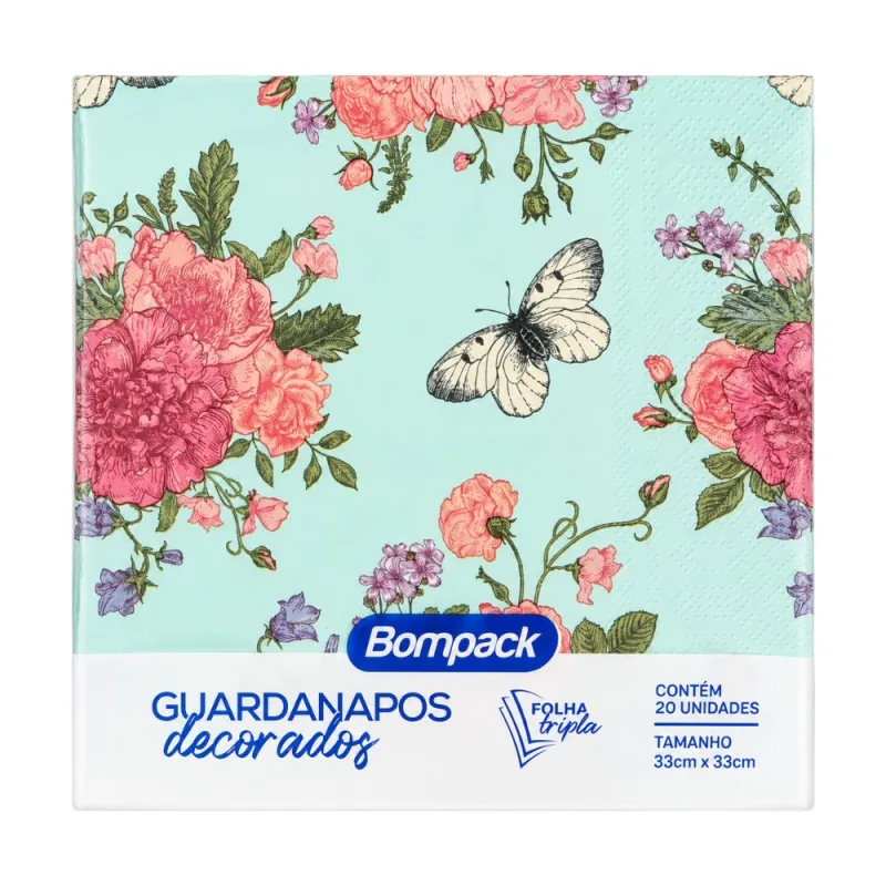 Guardanapo Papel Toalha Bompack 33x33cm 20 Unidades Borboleta Florida - BOMPACK - Casa E Utilidades