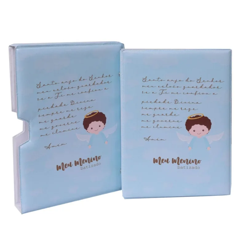 Luva E Álbum Fotográfico 60 Fotos 15x21 batismo azul Bebê Infantil Batizado Santo Anjo - Não Disponível - Papelaria
