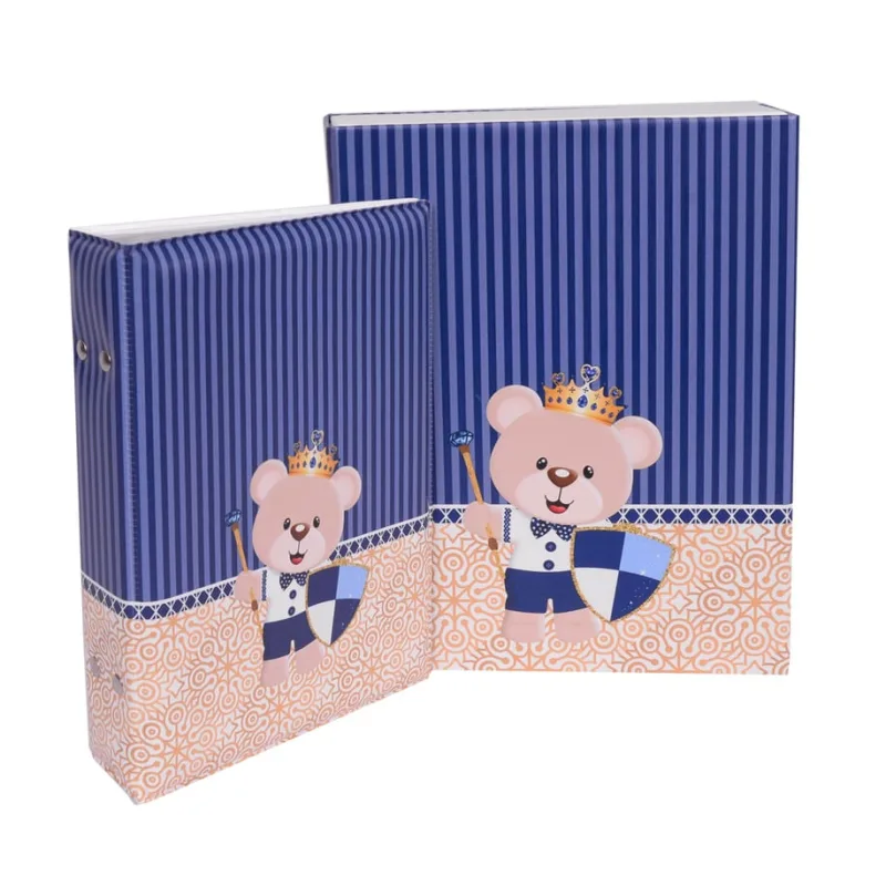 Estojo Imantado com Álbum para 100 Fotos 15x21 - urso escudo Bebê Menino Ursinho Rei Coroa Azul Newborn - Não Disponível - Papelaria